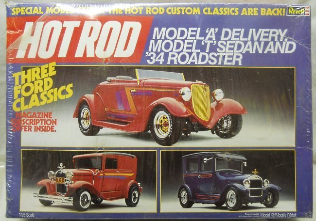 Revell 1/25 Three Ford Classics Model A Delivery / Model T Sedan / 1934 Ford Roadster Hot Rod Magazine, 7446 plastic model kit